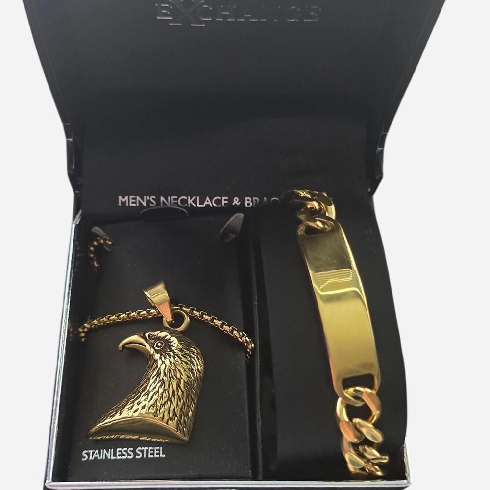 American Exchange Stainless Steel Gold Eagle Necklace and Bracelet Set